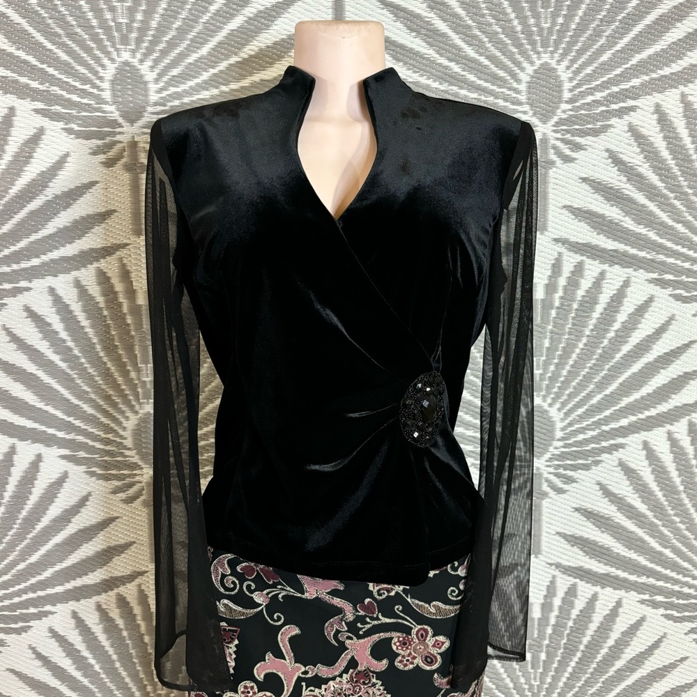 Vtg Velvet Blouse Top Faux Wrap Mesh Bell Sleeves Black Whimsigoth Gothic Sz M